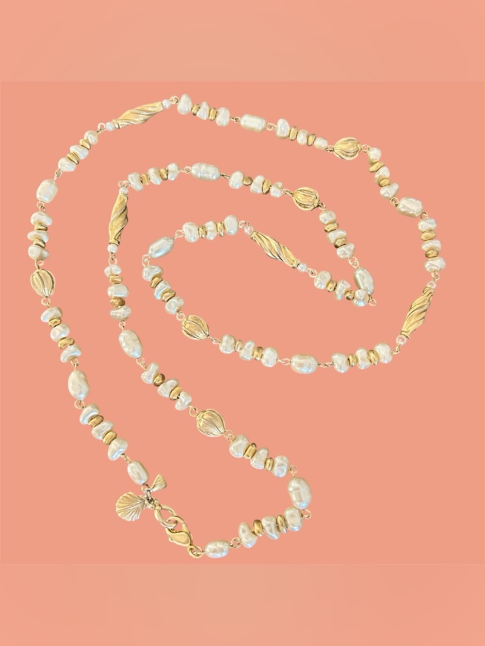 Vintage Liz Claiborne Pearl Necklace Gold Beads 38” Coastal Shell Charm 90s - Picture 2 of 16